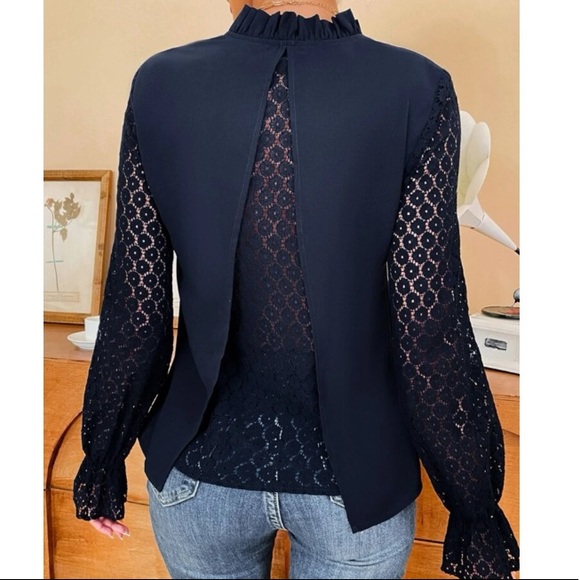 Boho  navy blue lace  blouse - Picture 5 of 6